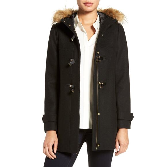 NWT Cole Haan Signature Wool Blend Faux-Fur-Trim Hooded Duffle Coat Size 4 - Picture 1 of 9